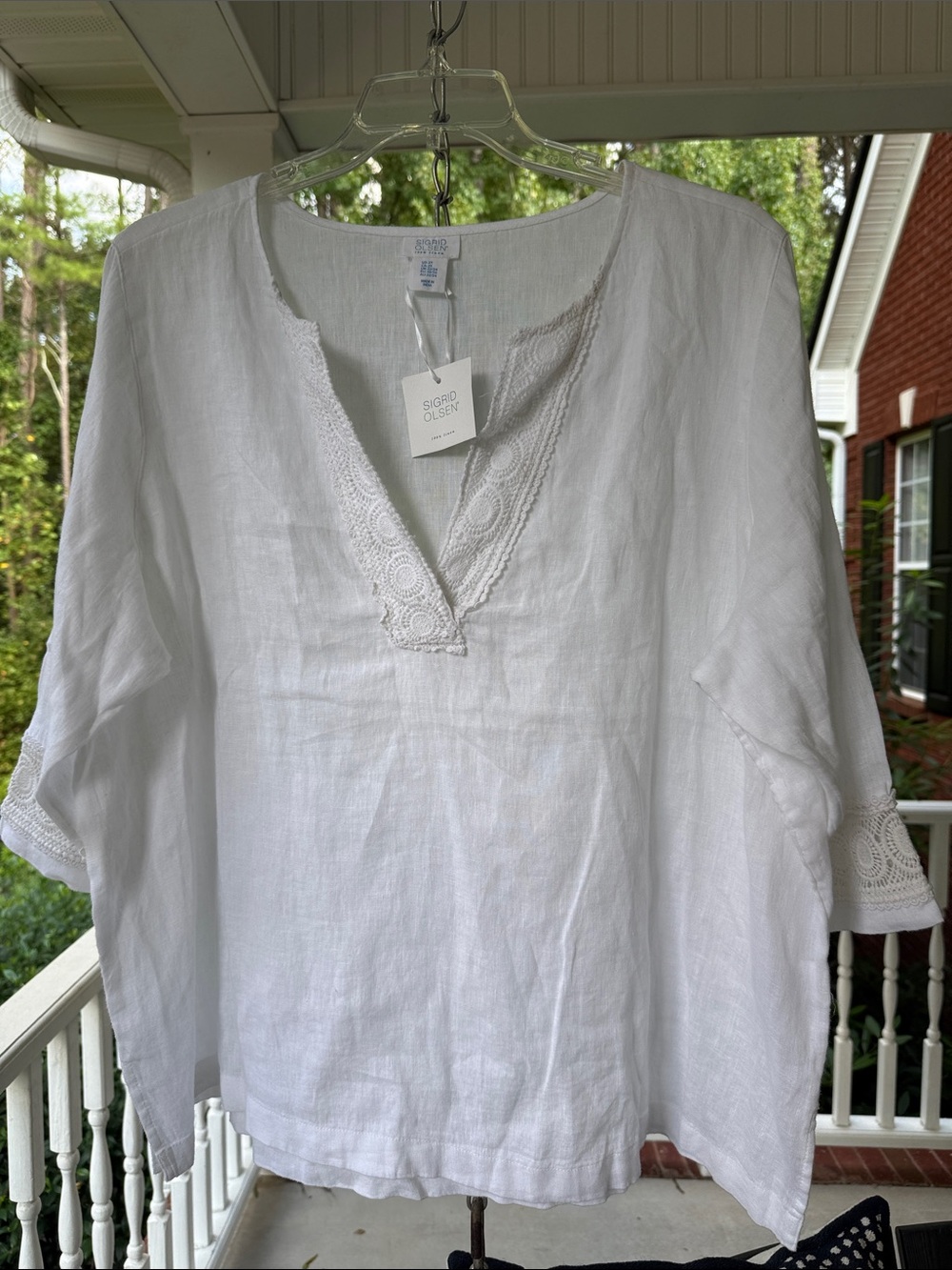 Sigrid Olsen White Linen V-Neck Tunic Top with Lace Trim - Picture 3 of 8
